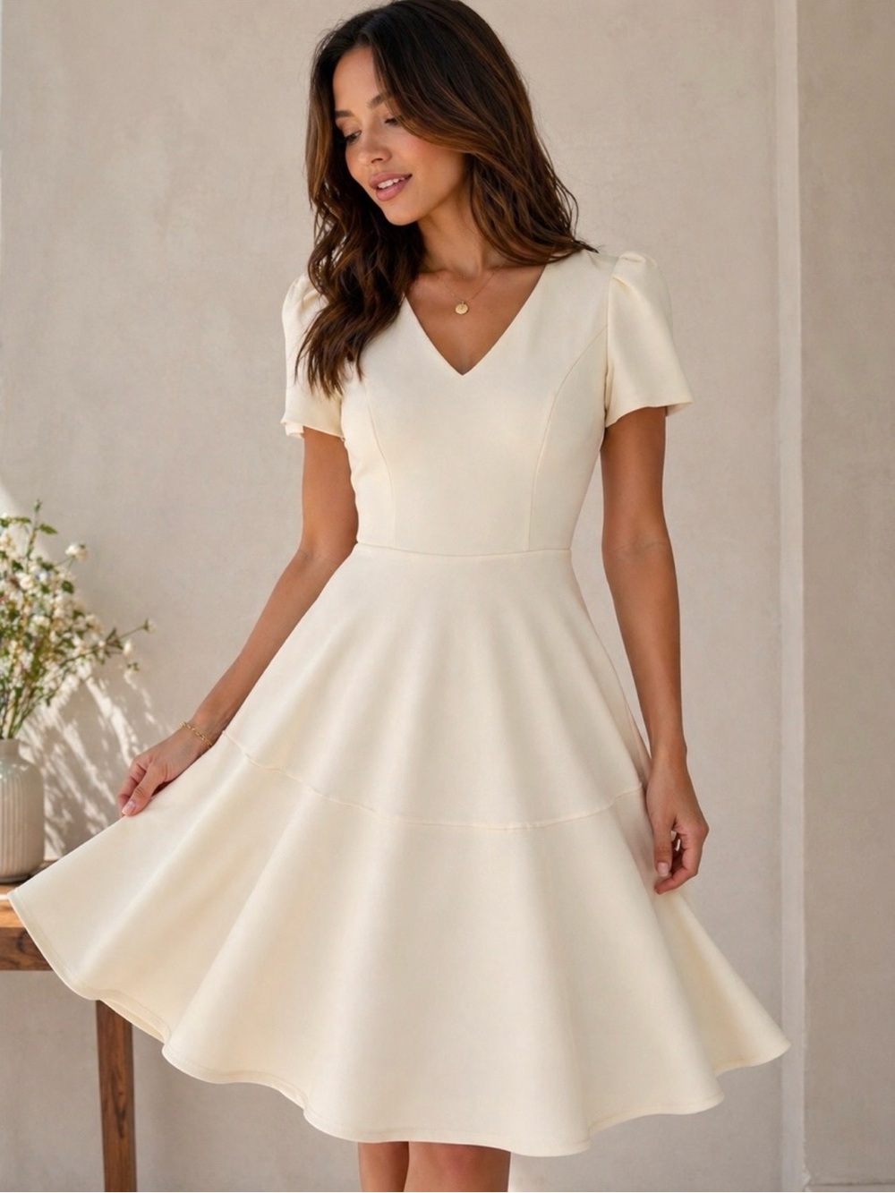 Gal Meets Glam - Kate Dress - Elegant Cream V-Neck Fit & Flare Dress